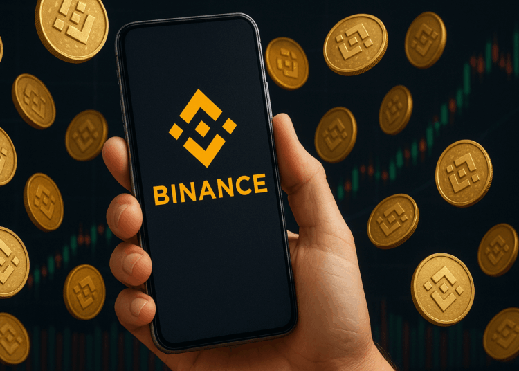 Una mano sostiene un teléfono móvil que muestra el logotipo amarillo de Binance en pantalla, mientras a su alrededor flotan múltiples monedas doradas con el mismo símbolo. De fondo se observan gráficos bursátiles con velas rojas y verdes, evocando la dinámica del mercado de criptomonedas.