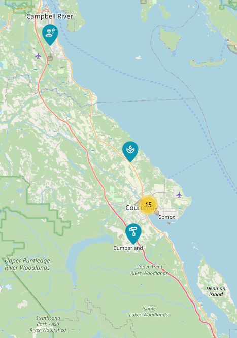 Un mapa en el que se observan puntos con la cantidad de comercios que aceptan bitcoin como forma de pago en Comox Valley de Canadá.