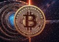 Una moneda de Bitcoin dorada siendo atacada por un rayo láser de color rojo. De fondo, el universo y una computadora cuántica.
