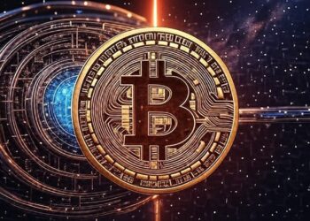 Una moneda de Bitcoin dorada siendo atacada por un rayo láser de color rojo. De fondo, el universo y una computadora cuántica.