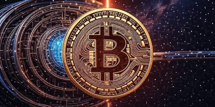 Una moneda de Bitcoin dorada siendo atacada por un rayo láser de color rojo. De fondo, el universo y una computadora cuántica.