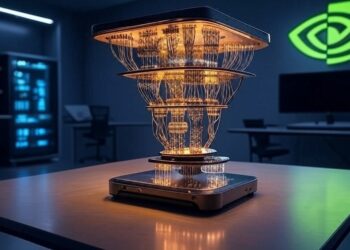 Una computadora cuántica dentro de un laboratorio científico, junto a una computadora clásica y el logo de Nvidia.