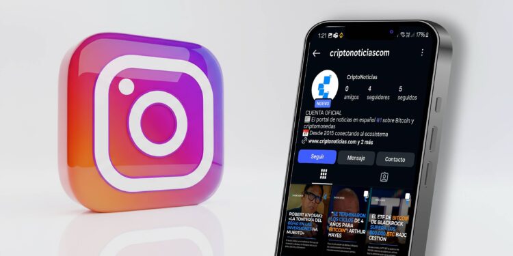 Logo de Instagram con celular a su derecha con la nueva cuenta de CriptoNoticias en su pantalla.