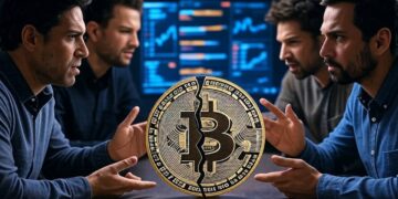 Una moneda de Bitcoin partida, junto a cuatro personas discutiendo en una mesa sobre el desarrollo de Bitcoin.