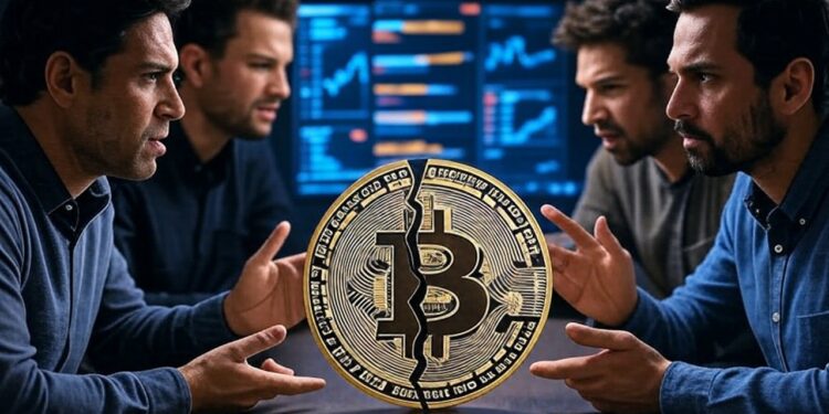 Una moneda de Bitcoin partida, junto a cuatro personas discutiendo en una mesa sobre el desarrollo de Bitcoin.