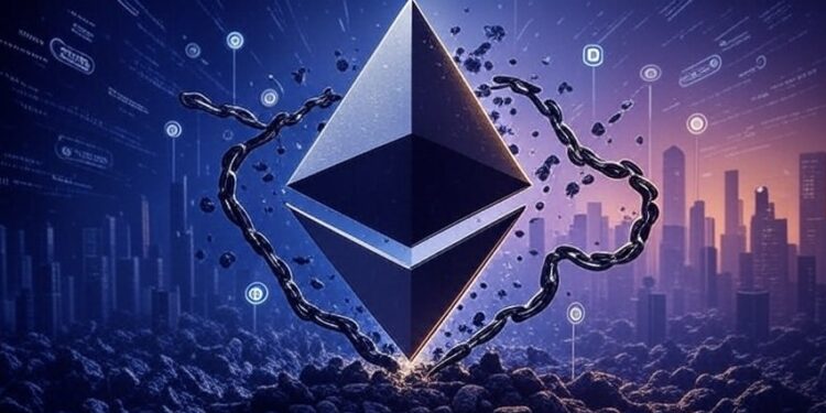 Una criptomoneda de ether rodeada de cadenas rotas, de fondo una ciudad oscura en ruinas.