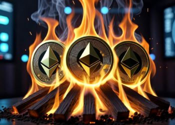 Monedas de ETH envueltas en llamas con troncos de madera, dentro de un laboratorio tecnologico.