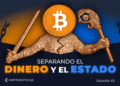 Figura humana con cetro y espada en cada mano y cabeza de bitcoin.