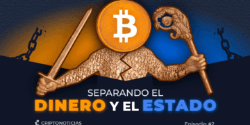 Figura humana con cetro y espada en cada mano y cabeza de bitcoin.
