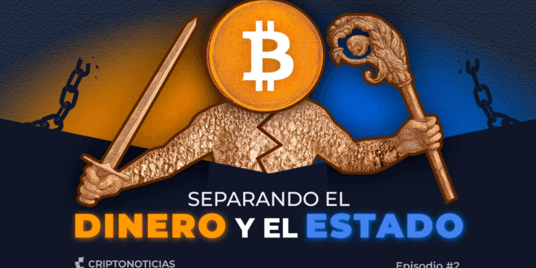 Figura humana con cetro y espada en cada mano y cabeza de bitcoin.
