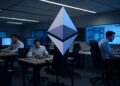 Un logo de Ethereum en un centro de finanzas con inversores trabajando en escritorios y computadoras con gráficos de trading.