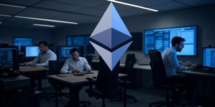 Un logo de Ethereum en un centro de finanzas con inversores trabajando en escritorios y computadoras con gráficos de trading.