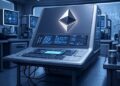 Un laboratorio de colores gris y azul que contiene una computadora en el centro con el logo de Ethereum en su pantalla.