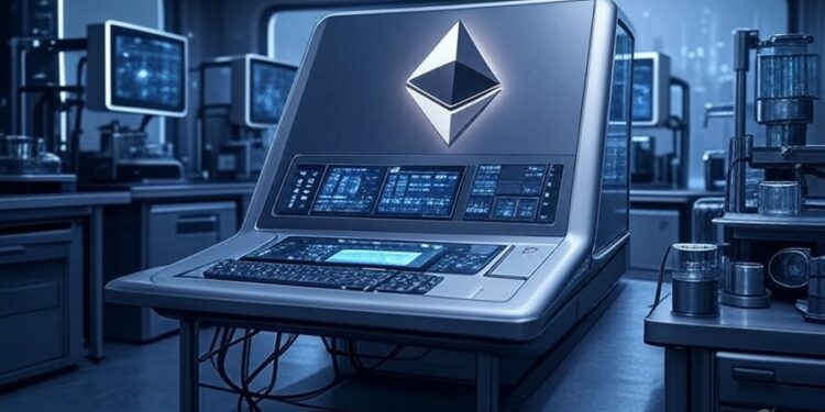 Un laboratorio de colores gris y azul que contiene una computadora en el centro con el logo de Ethereum en su pantalla.