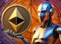Un robot plateado sosteniendo una moneda de Ethereum, un fondo tecnológico de color naranja y violeta.