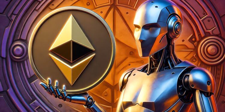 Un robot plateado sosteniendo una moneda de Ethereum, un fondo tecnológico de color naranja y violeta.