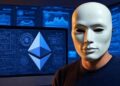 Una persona con una máscara de color blanco, de fondo pantallas de computadoras con gráficos y escritos financieros en color azul junto al logo de la red Ethereum.
