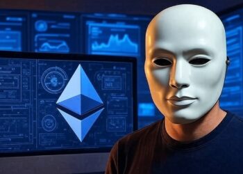 Una persona con una máscara de color blanco, de fondo pantallas de computadoras con gráficos y escritos financieros en color azul junto al logo de la red Ethereum.