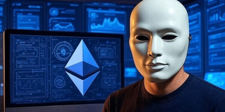 Una persona con una máscara de color blanco, de fondo pantallas de computadoras con gráficos y escritos financieros en color azul junto al logo de la red Ethereum.