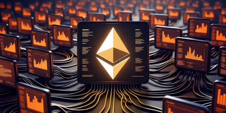Muchas pantallas de color naranja y negro conectadas entre sí por cables. En el centro, una criptomoneda ether.
