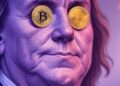 genera una imagen de la cara de Benjamin Franklin con dos monedas de Bitcoin incrustadas en sus ojos. Usa tonos violetas,verdes, amarillos y rojos y un estilo futurista. El formato debe ser 16:9