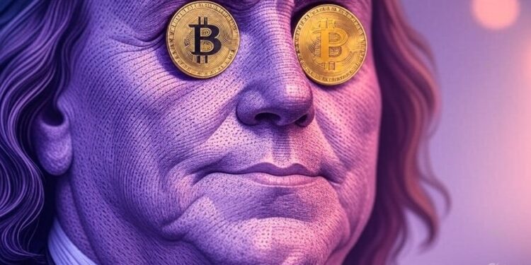 genera una imagen de la cara de Benjamin Franklin con dos monedas de Bitcoin incrustadas en sus ojos. Usa tonos violetas,verdes, amarillos y rojos y un estilo futurista. El formato debe ser 16:9