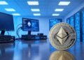 Una moneda dorada de Ethereum sobre un escritorio metálico junto a computadoras y dispositivos electronicos con datos e información financiera.