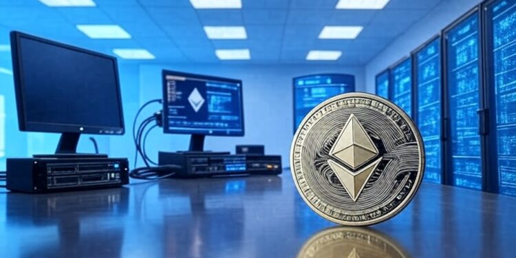 Una moneda dorada de Ethereum sobre un escritorio metálico junto a computadoras y dispositivos electronicos con datos e información financiera.