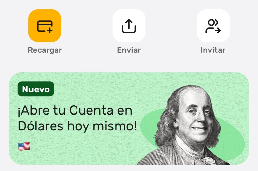 Screenshot of El Dorado showing the main functions of recharge, send and invite.