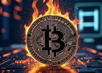 Una moneda de Bitcoin partida por la mitad y prendida fuego, dentro de un entorno tecnologico.
