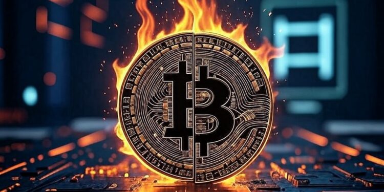 Una moneda de Bitcoin partida por la mitad y prendida fuego, dentro de un entorno tecnologico.