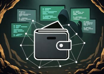 Una billetera envuelta en una red junto a un hacker con pantallas de computadoras operando.