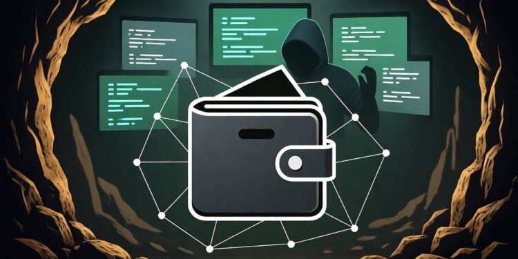 Una billetera envuelta en una red junto a un hacker con pantallas de computadoras operando.