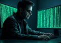 genera una imagen de un hacker operando en una computadora. Usa un estilo de la película Matrix. El formato debe ser 16:9