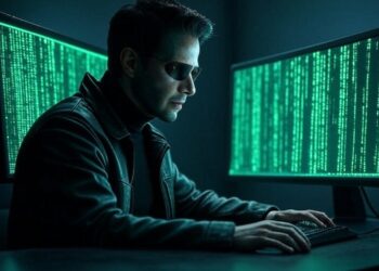 genera una imagen de un hacker operando en una computadora. Usa un estilo de la película Matrix. El formato debe ser 16:9