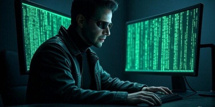 genera una imagen de un hacker operando en una computadora. Usa un estilo de la película Matrix. El formato debe ser 16:9