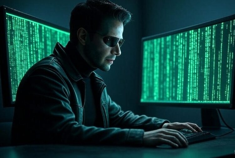genera una imagen de un hacker operando en una computadora. Usa un estilo de la película Matrix. El formato debe ser 16:9