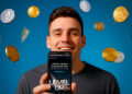 Hombre disfrutando de los beneficios de LevelUp, mostrando su celular con criptomonedas cayendo a su alrededor