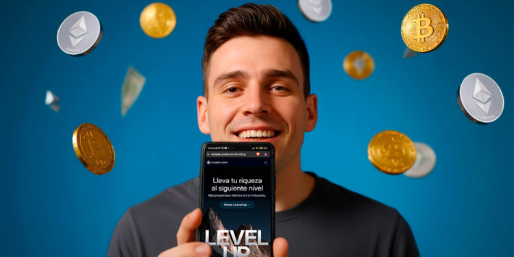 Hombre disfrutando de los beneficios de LevelUp, mostrando su celular con criptomonedas cayendo a su alrededor