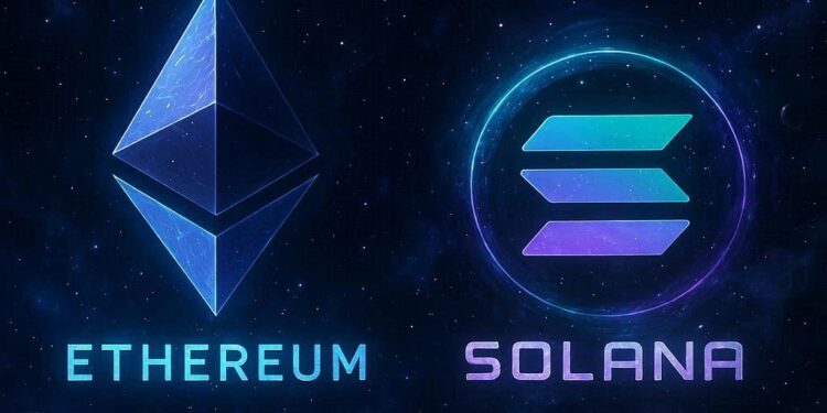 Logos de Solana y Ethereum, uno al lado del otro, flotando en el fondo oscuro del espacio.