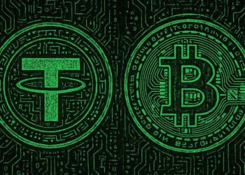 Imagen con logos de Tether y Bitcoin, estilo cypherpunk
