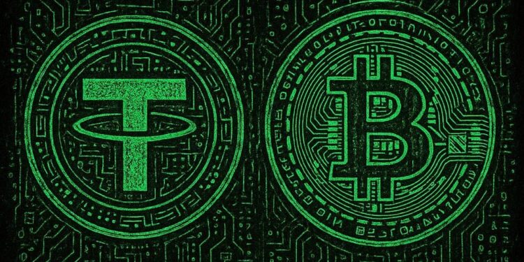 Imagen con logos de Tether y Bitcoin, estilo cypherpunk