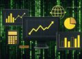 Computadoras y gráficos de análisis financieros de colores amarillo y negro, con un fondo de caracteres de color verde y negro, del estilo película Matrix.