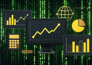 Computadoras y gráficos de análisis financieros de colores amarillo y negro, con un fondo de caracteres de color verde y negro, del estilo película Matrix.