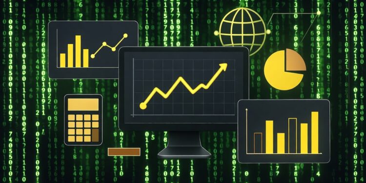 Computadoras y gráficos de análisis financieros de colores amarillo y negro, con un fondo de caracteres de color verde y negro, del estilo película Matrix.