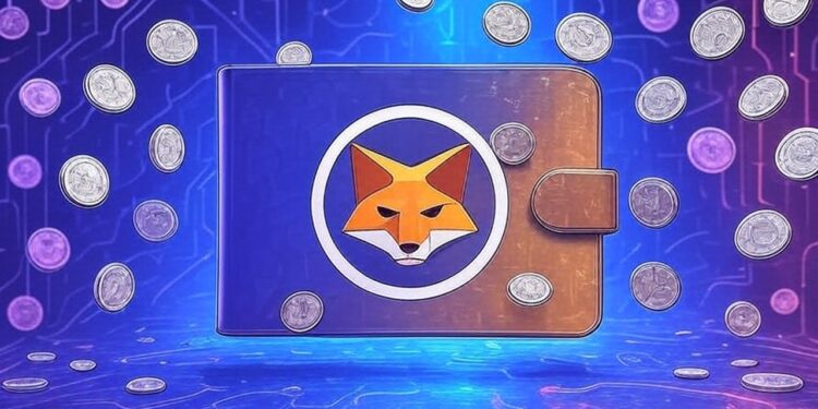 Una billetera digital de color violeta con la imagen de un zorro naranja en un entorno tecnológico junto a monedas de plata.