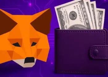 Logo de MetaMask junto a una billetera con dólares.