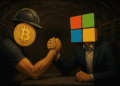 Dos hombres peleando en una pulseada. Uno con una cabeza de moneda de Bitcoin, otro con una cabeza de logo de la empresa Microsoft.