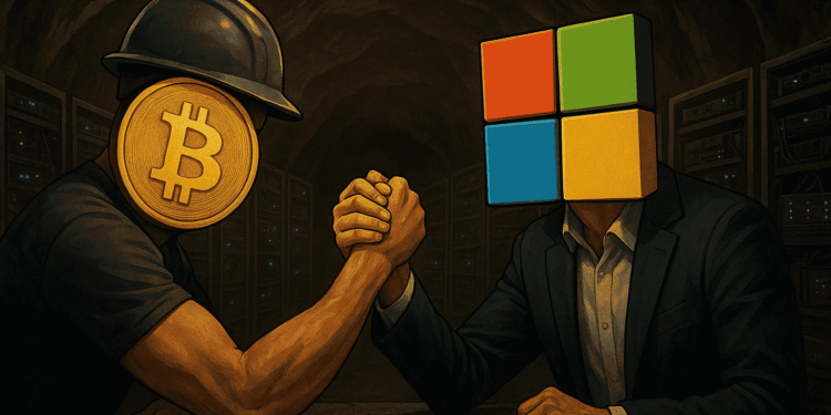 Dos hombres peleando en una pulseada. Uno con una cabeza de moneda de Bitcoin, otro con una cabeza de logo de la empresa Microsoft.