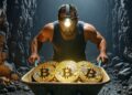 Un obrero cargando una carretilla llena de monedas de Bitcoin dentro de una cueva minera.